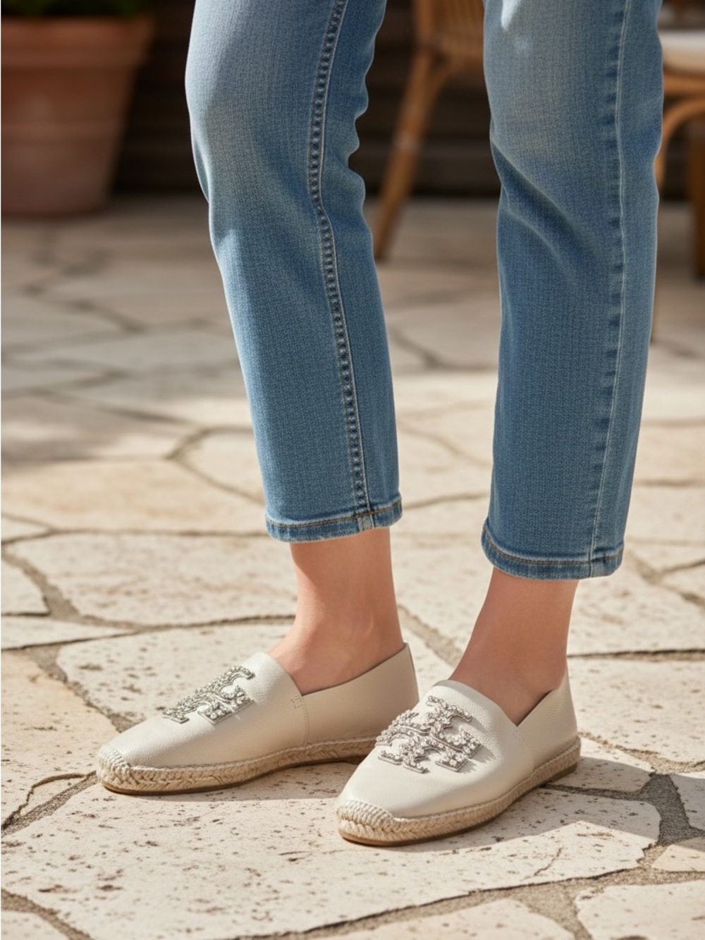 Tory Burch Women’s Cream Espadrille Slip-Ons with Embellished Accent